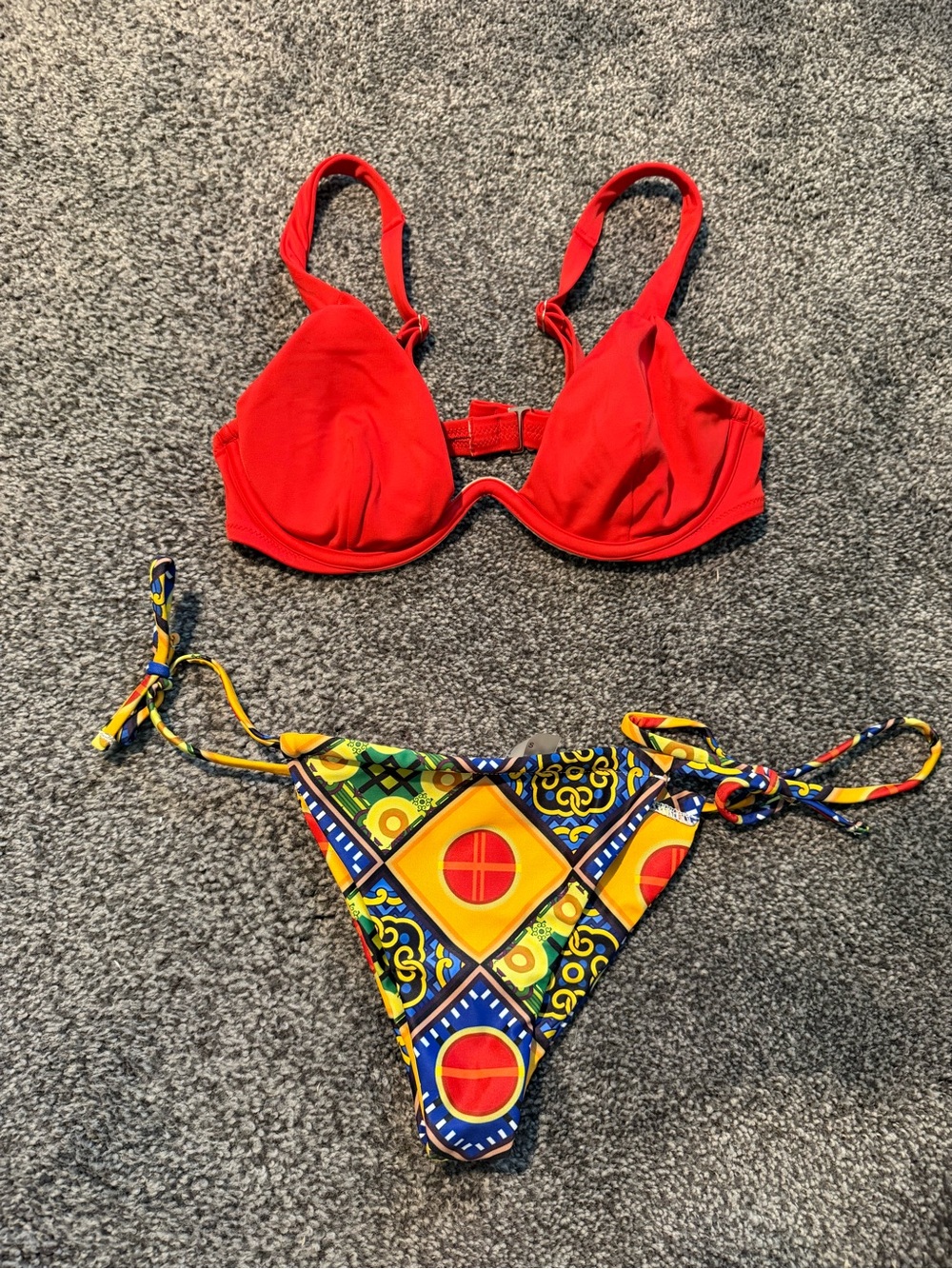 SHEIN Red Top with Multicolor Patterned Tie-Side Bottom Bikini